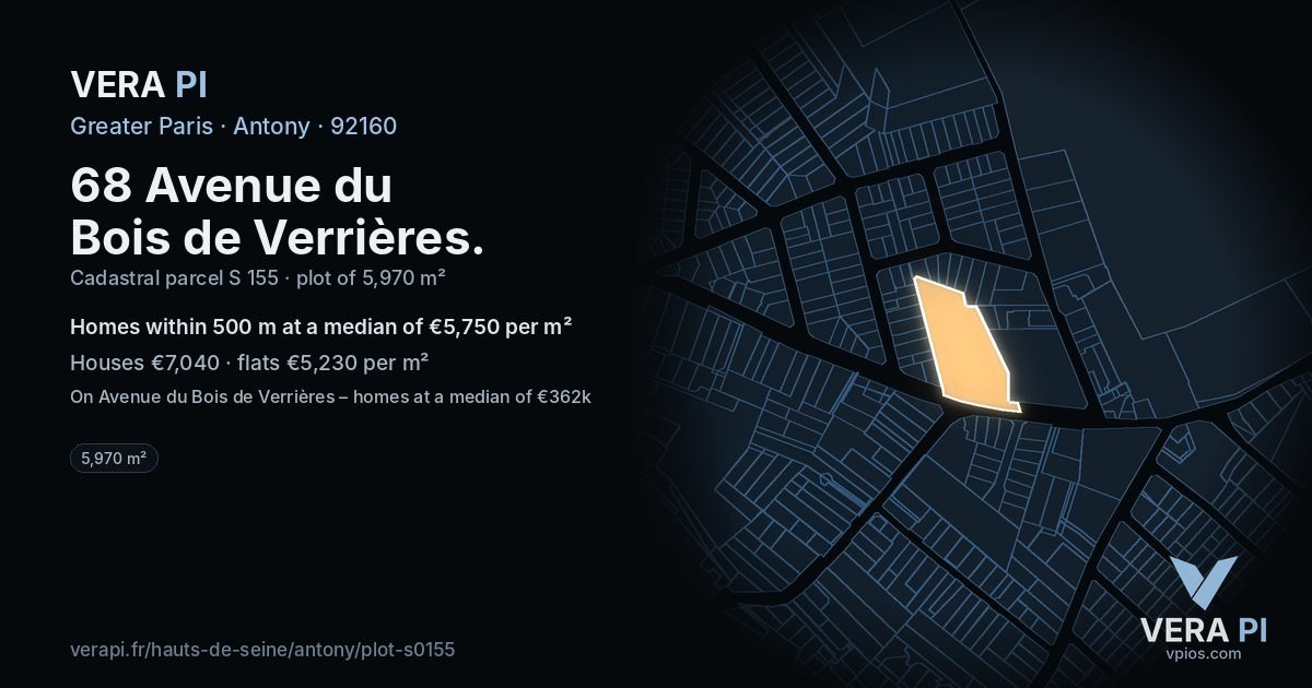 68 Avenue du Bois de Verrières, Antony at night – the plot lit, the parcels around coloured by the prices near them