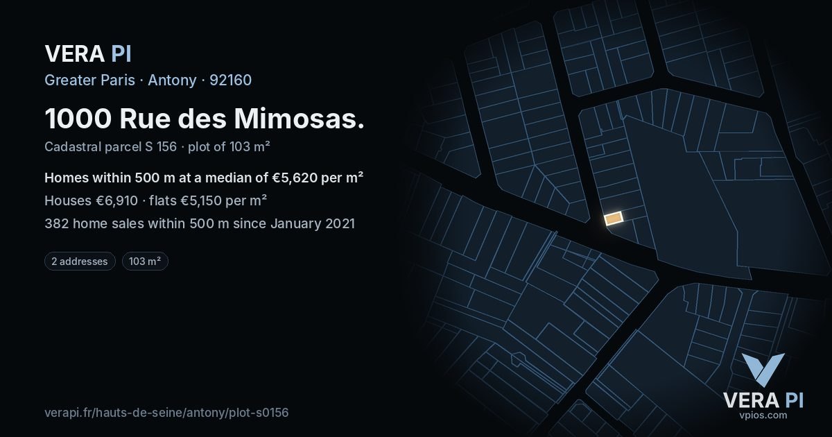 1000 Rue des Mimosas, Antony at night – the plot lit, the parcels around coloured by the prices near them