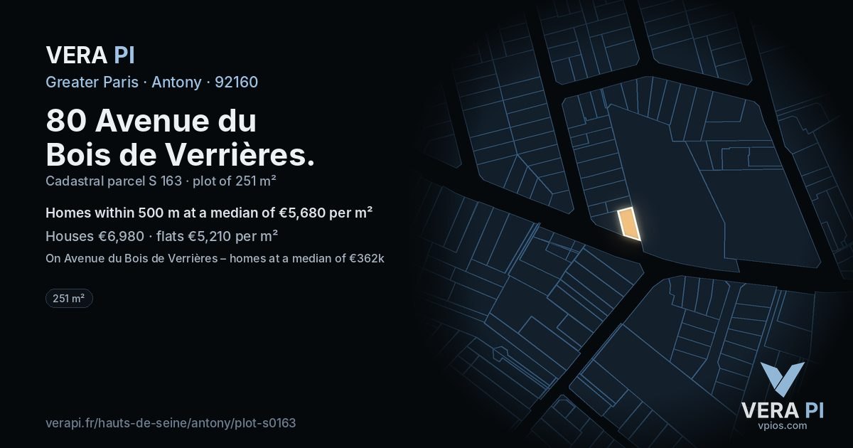 80 Avenue du Bois de Verrières, Antony at night – the plot lit, the parcels around coloured by the prices near them