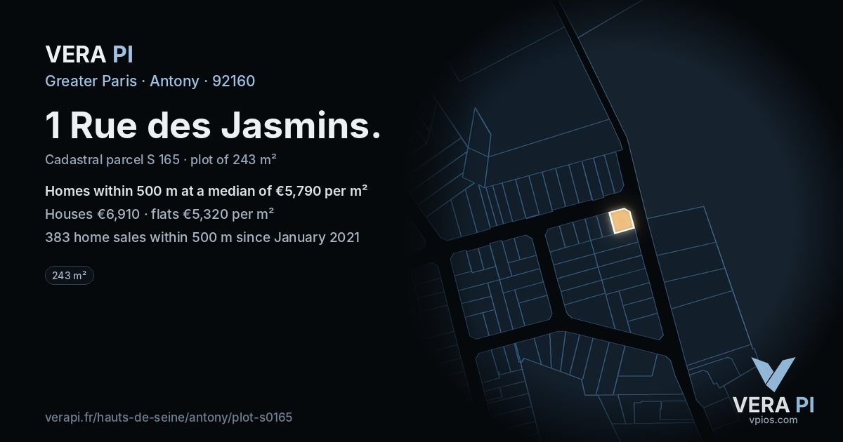 1 Rue des Jasmins, Antony at night – the plot lit, the parcels around coloured by the prices near them