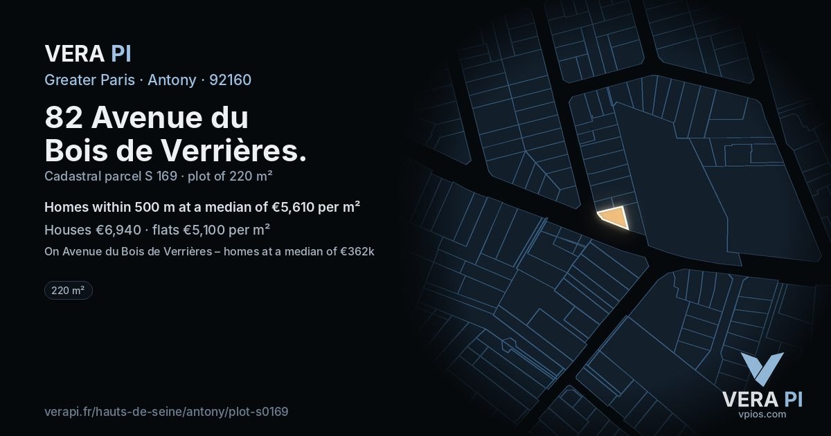 82 Avenue du Bois de Verrières, Antony at night – the plot lit, the parcels around coloured by the prices near them