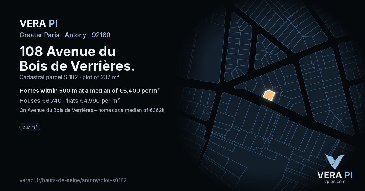 108 Avenue du Bois de Verrières, Antony at night – the plot lit, the parcels around coloured by the prices near them