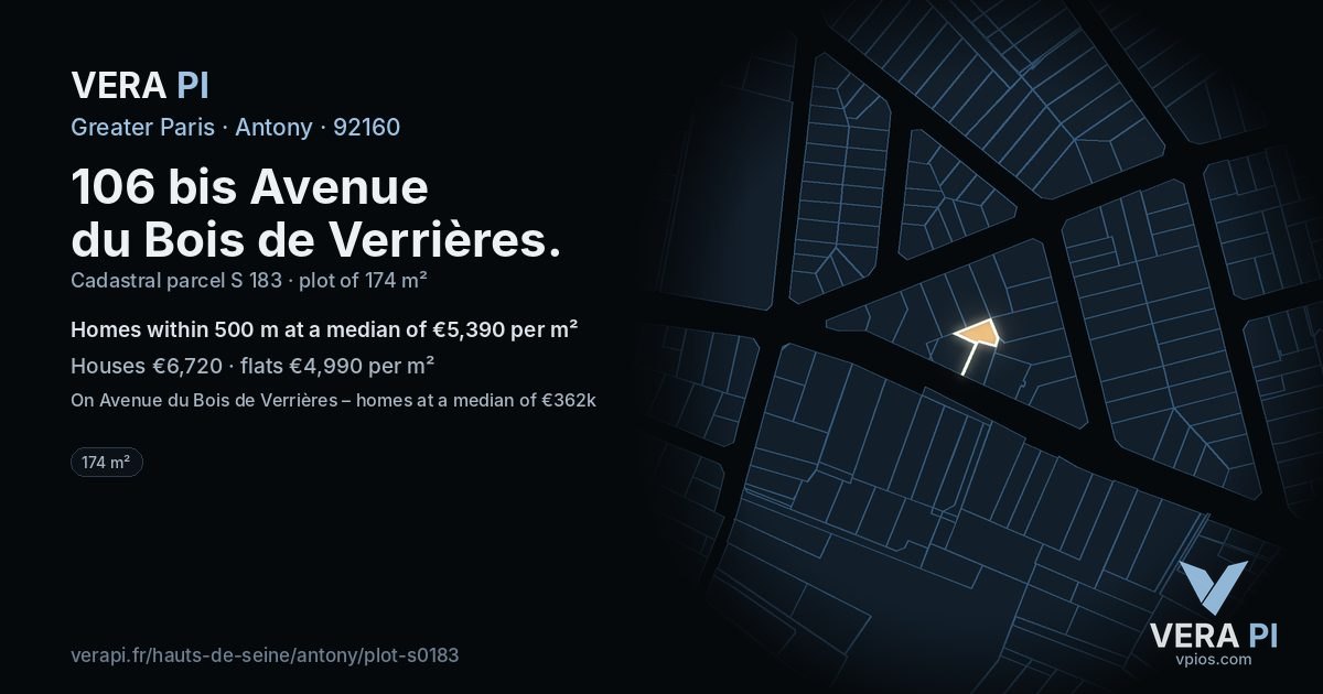 106 bis Avenue du Bois de Verrières, Antony at night – the plot lit, the parcels around coloured by the prices near them