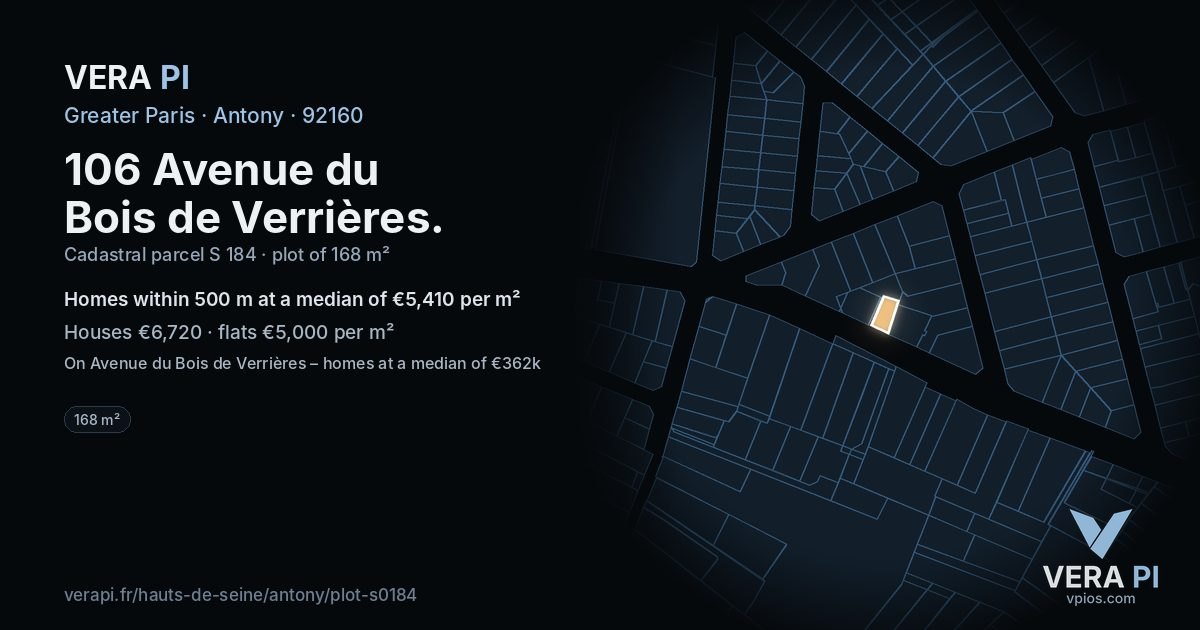 106 Avenue du Bois de Verrières, Antony at night – the plot lit, the parcels around coloured by the prices near them