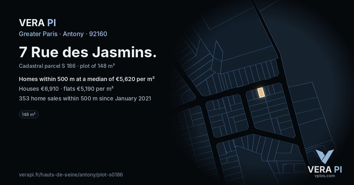 7 Rue des Jasmins, Antony at night – the plot lit, the parcels around coloured by the prices near them