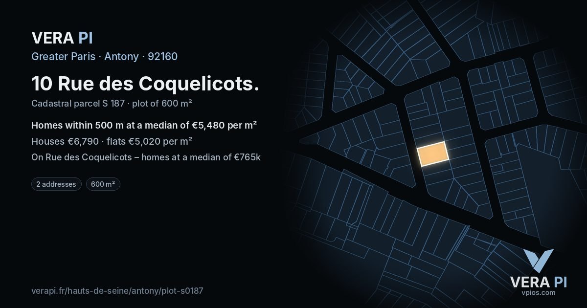 10 Rue des Coquelicots, Antony at night – the plot lit, the parcels around coloured by the prices near them