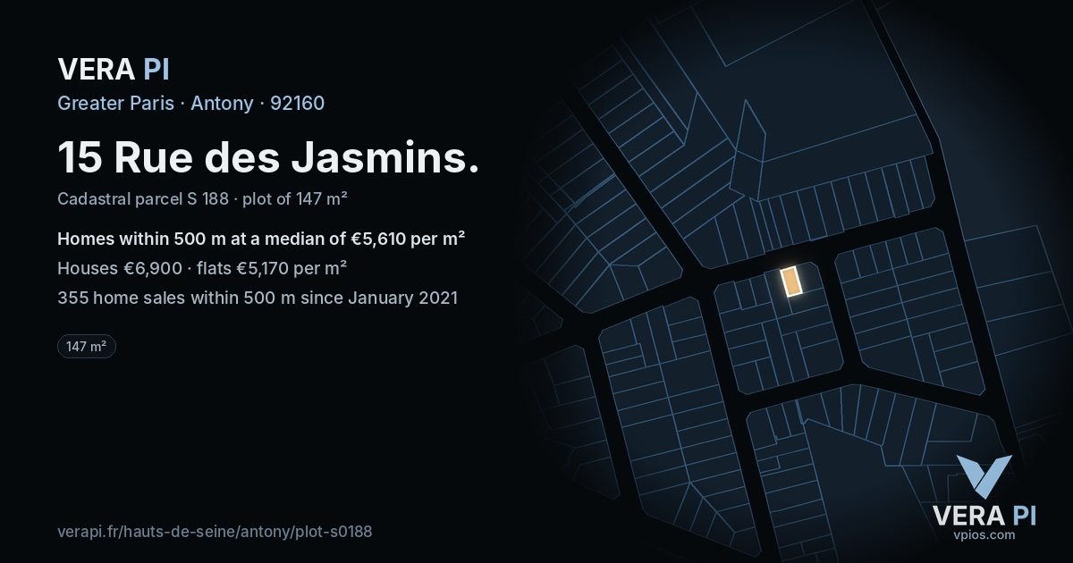 15 Rue des Jasmins, Antony at night – the plot lit, the parcels around coloured by the prices near them