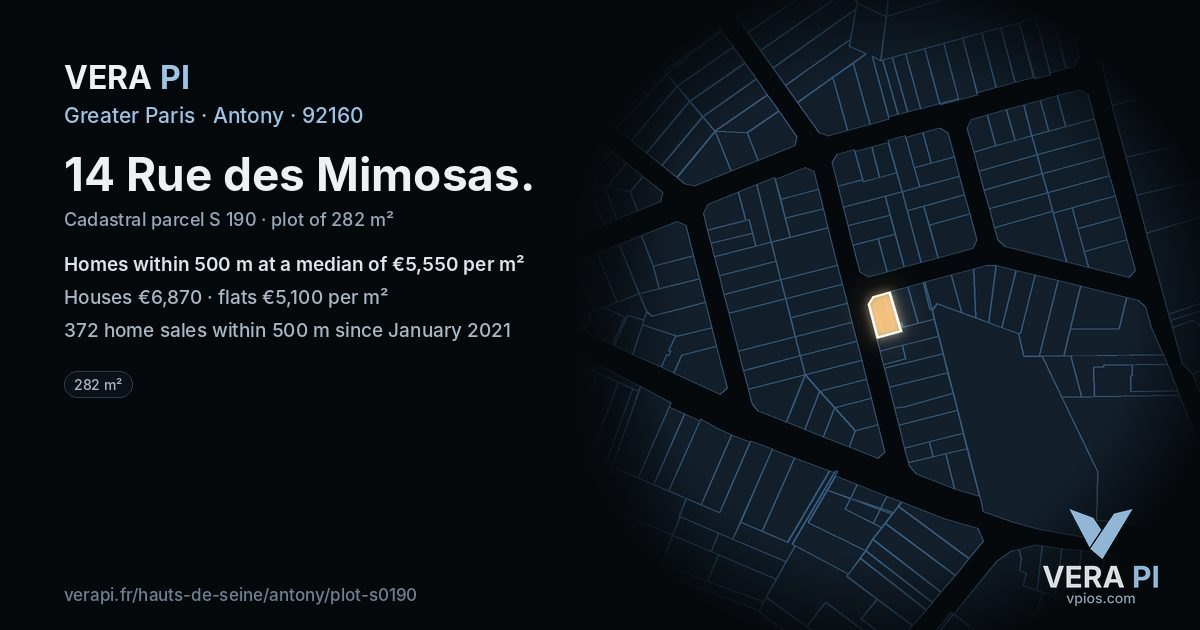 14 Rue des Mimosas, Antony at night – the plot lit, the parcels around coloured by the prices near them