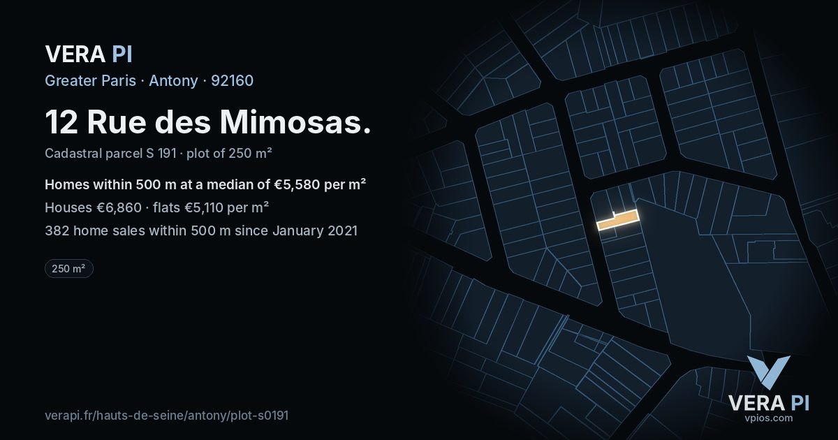 12 Rue des Mimosas, Antony at night – the plot lit, the parcels around coloured by the prices near them