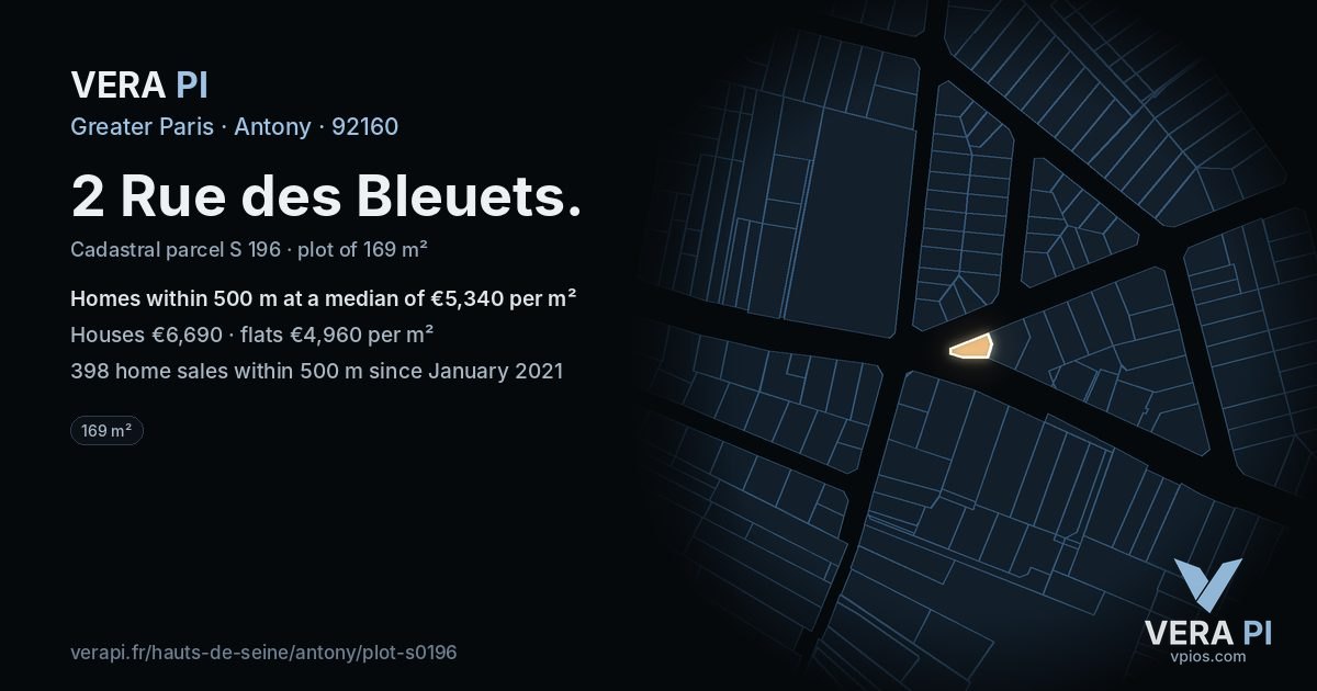 2 Rue des Bleuets, Antony at night – the plot lit, the parcels around coloured by the prices near them