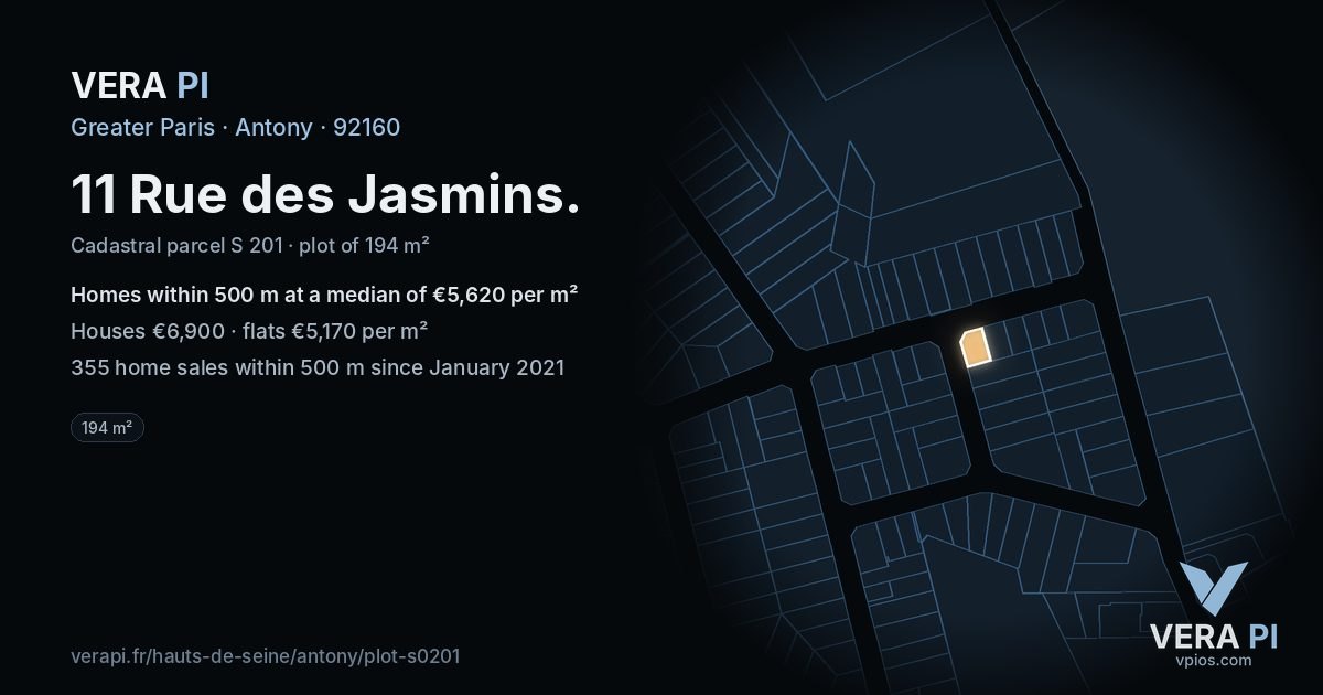 11 Rue des Jasmins, Antony at night – the plot lit, the parcels around coloured by the prices near them