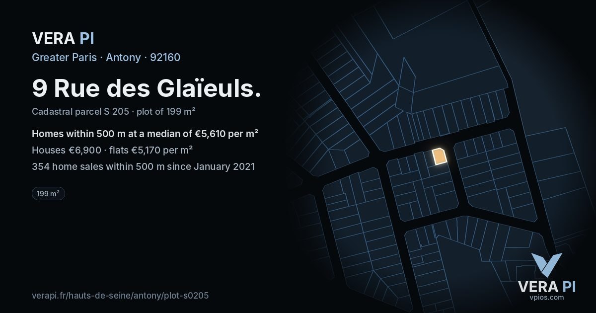 9 Rue des Glaïeuls, Antony at night – the plot lit, the parcels around coloured by the prices near them