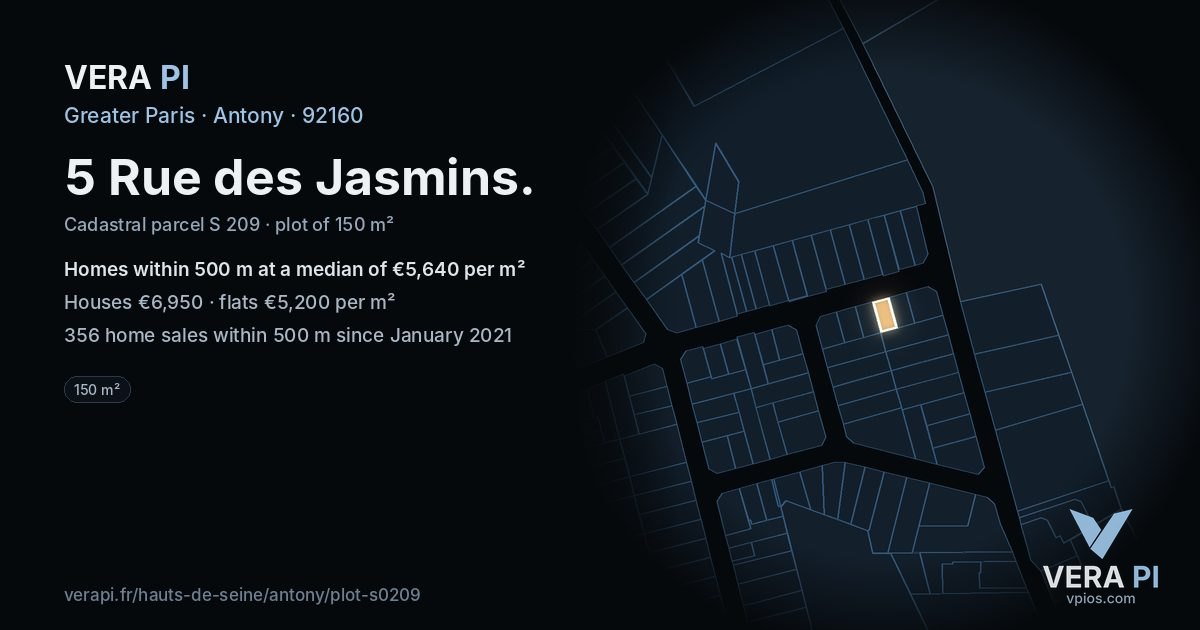 5 Rue des Jasmins, Antony at night – the plot lit, the parcels around coloured by the prices near them