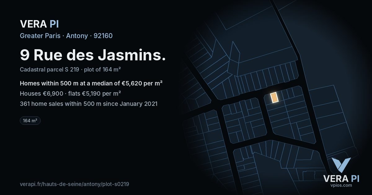 9 Rue des Jasmins, Antony at night – the plot lit, the parcels around coloured by the prices near them