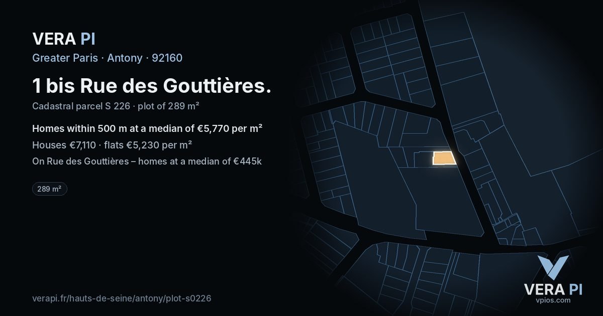 1 bis Rue des Gouttières, Antony at night – the plot lit, the parcels around coloured by the prices near them