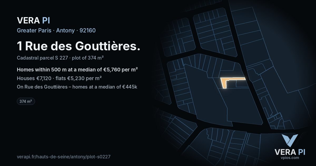 1 Rue des Gouttières, Antony at night – the plot lit, the parcels around coloured by the prices near them