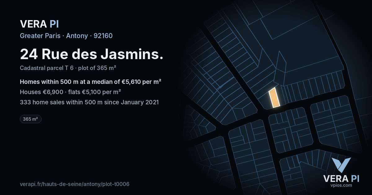 24 Rue des Jasmins, Antony at night – the plot lit, the parcels around coloured by the prices near them