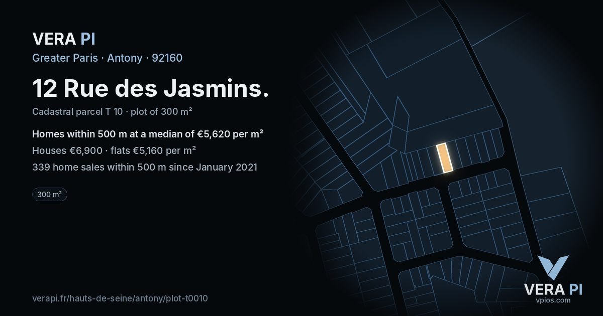 12 Rue des Jasmins, Antony at night – the plot lit, the parcels around coloured by the prices near them