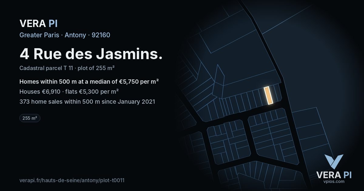 4 Rue des Jasmins, Antony at night – the plot lit, the parcels around coloured by the prices near them
