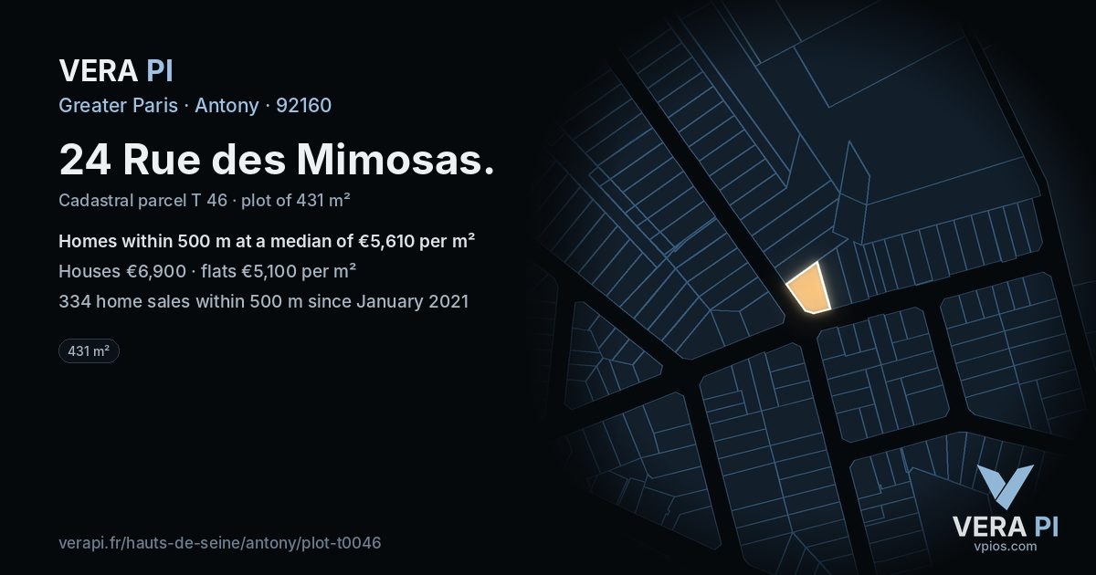 24 Rue des Mimosas, Antony at night – the plot lit, the parcels around coloured by the prices near them