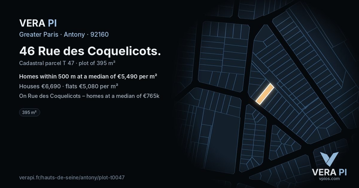 46 Rue des Coquelicots, Antony at night – the plot lit, the parcels around coloured by the prices near them
