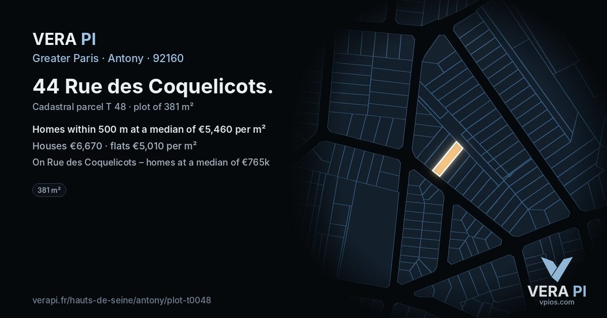 44 Rue des Coquelicots, Antony at night – the plot lit, the parcels around coloured by the prices near them
