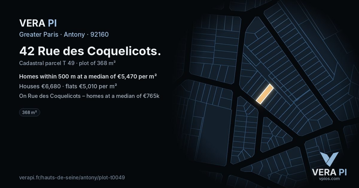 42 Rue des Coquelicots, Antony at night – the plot lit, the parcels around coloured by the prices near them
