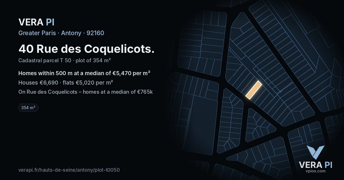 40 Rue des Coquelicots, Antony at night – the plot lit, the parcels around coloured by the prices near them