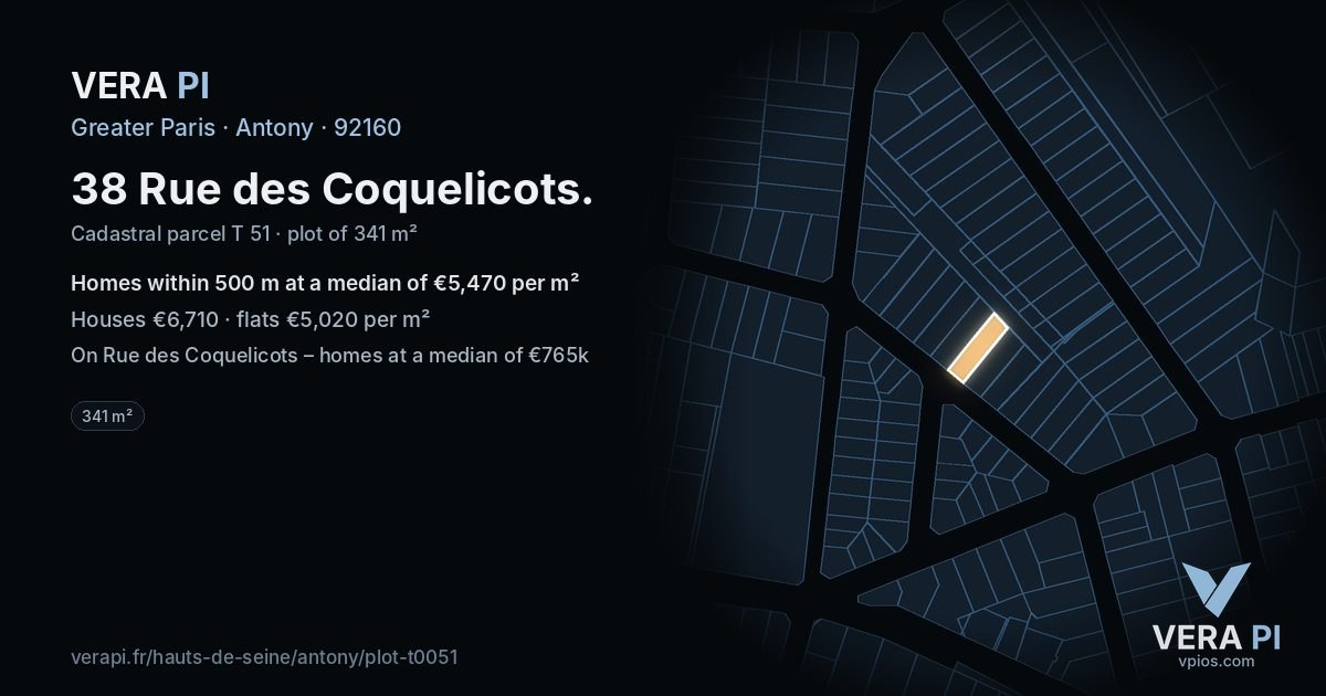 38 Rue des Coquelicots, Antony at night – the plot lit, the parcels around coloured by the prices near them