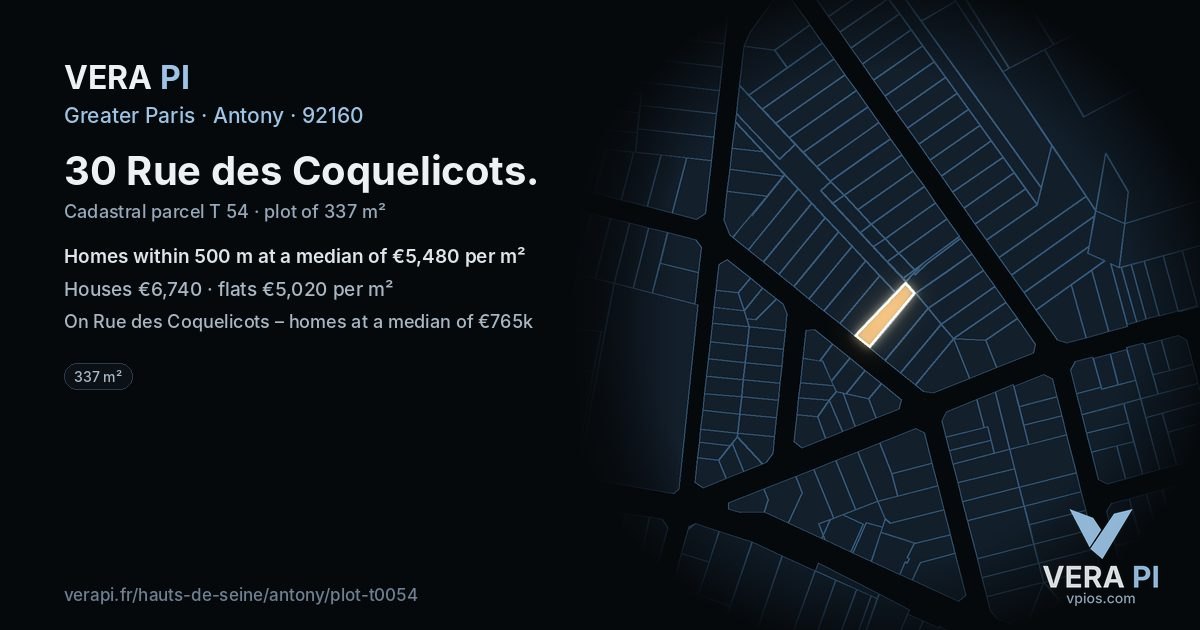 30 Rue des Coquelicots, Antony at night – the plot lit, the parcels around coloured by the prices near them
