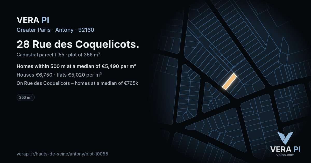 28 Rue des Coquelicots, Antony at night – the plot lit, the parcels around coloured by the prices near them