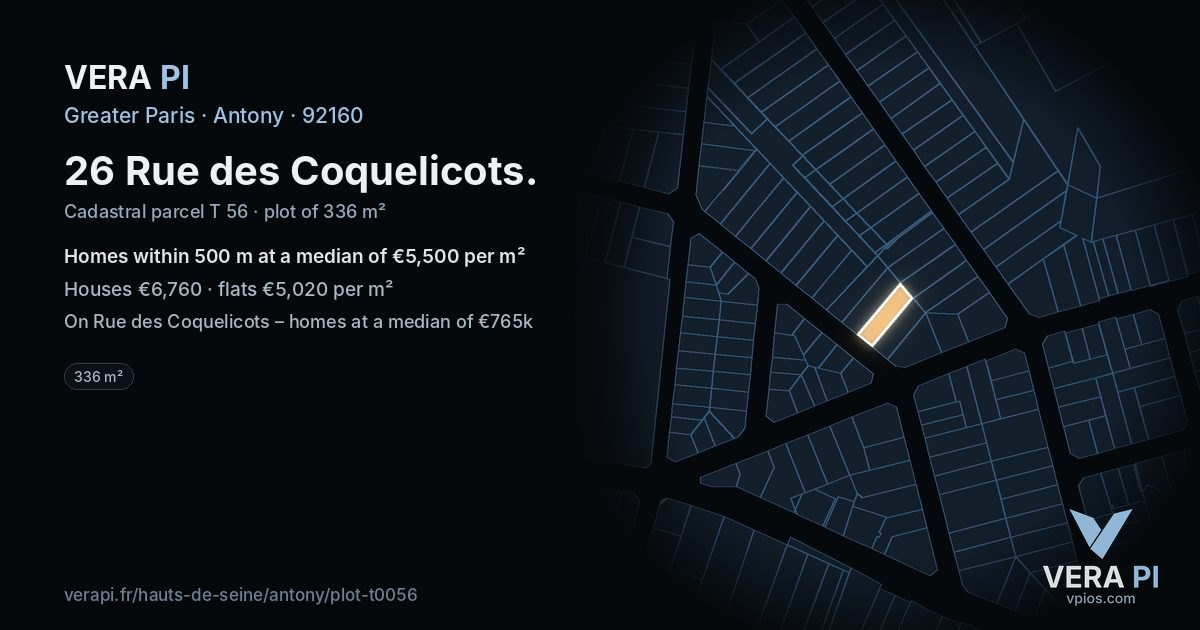 26 Rue des Coquelicots, Antony at night – the plot lit, the parcels around coloured by the prices near them