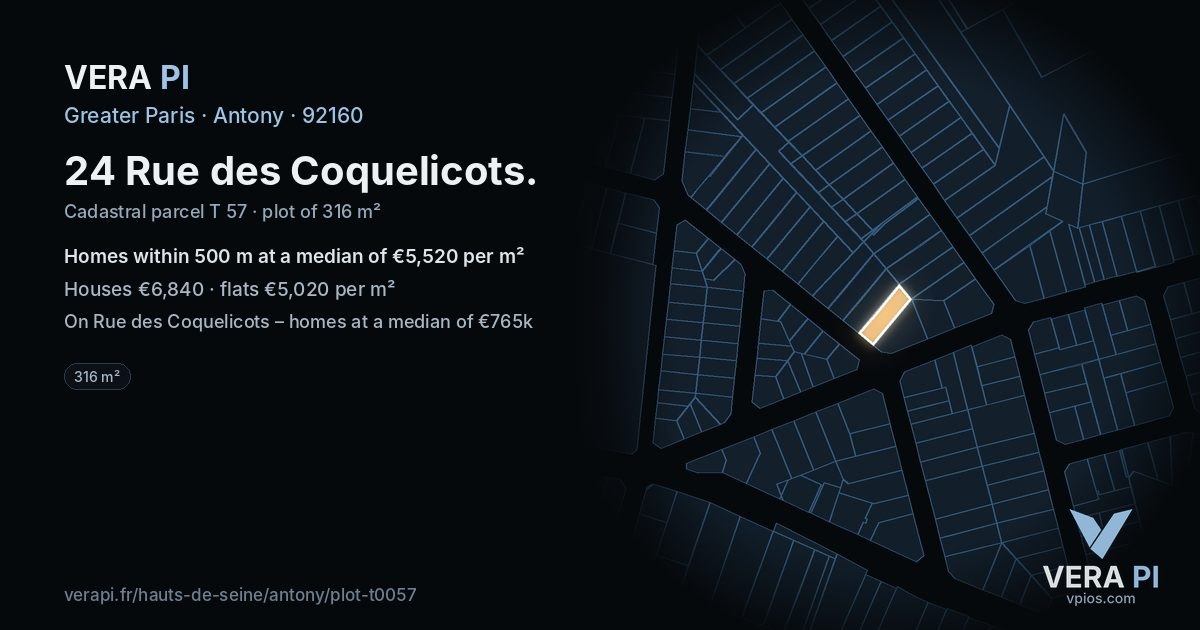 24 Rue des Coquelicots, Antony at night – the plot lit, the parcels around coloured by the prices near them