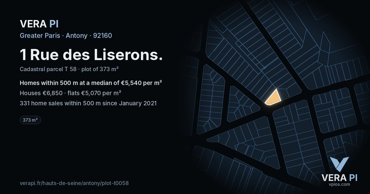 1 Rue des Liserons, Antony at night – the plot lit, the parcels around coloured by the prices near them
