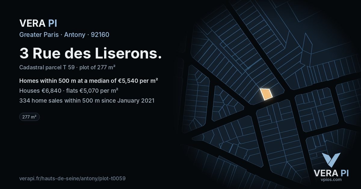 3 Rue des Liserons, Antony at night – the plot lit, the parcels around coloured by the prices near them