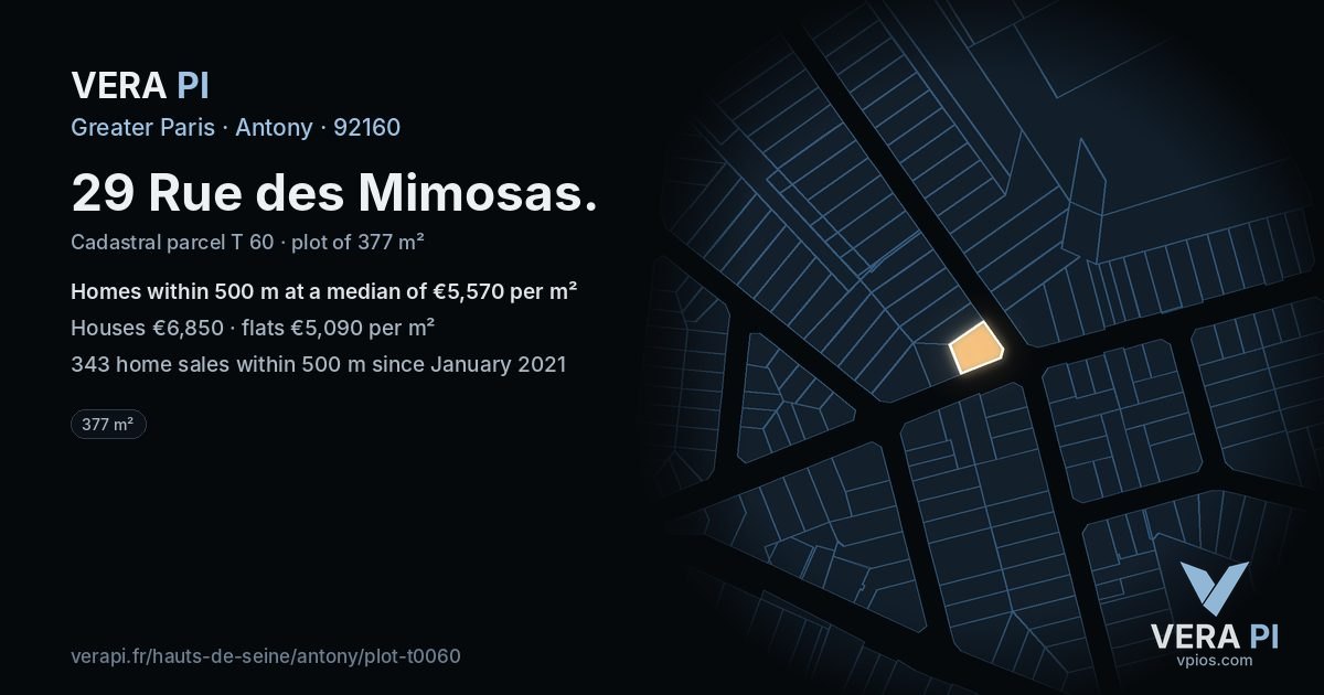 29 Rue des Mimosas, Antony at night – the plot lit, the parcels around coloured by the prices near them