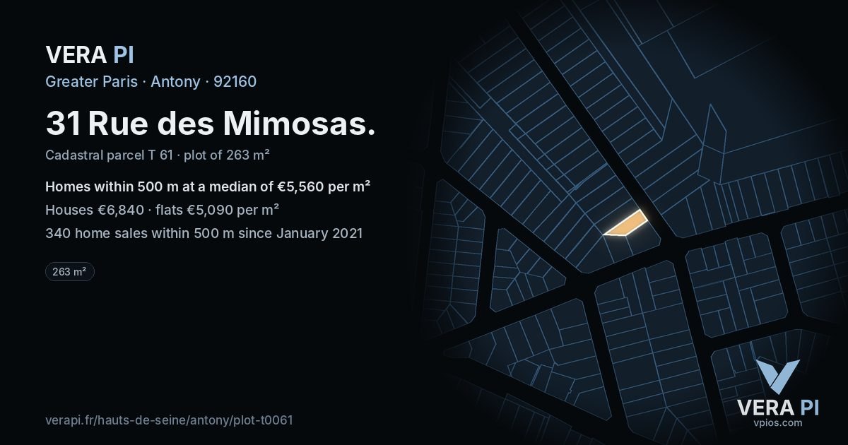 31 Rue des Mimosas, Antony at night – the plot lit, the parcels around coloured by the prices near them