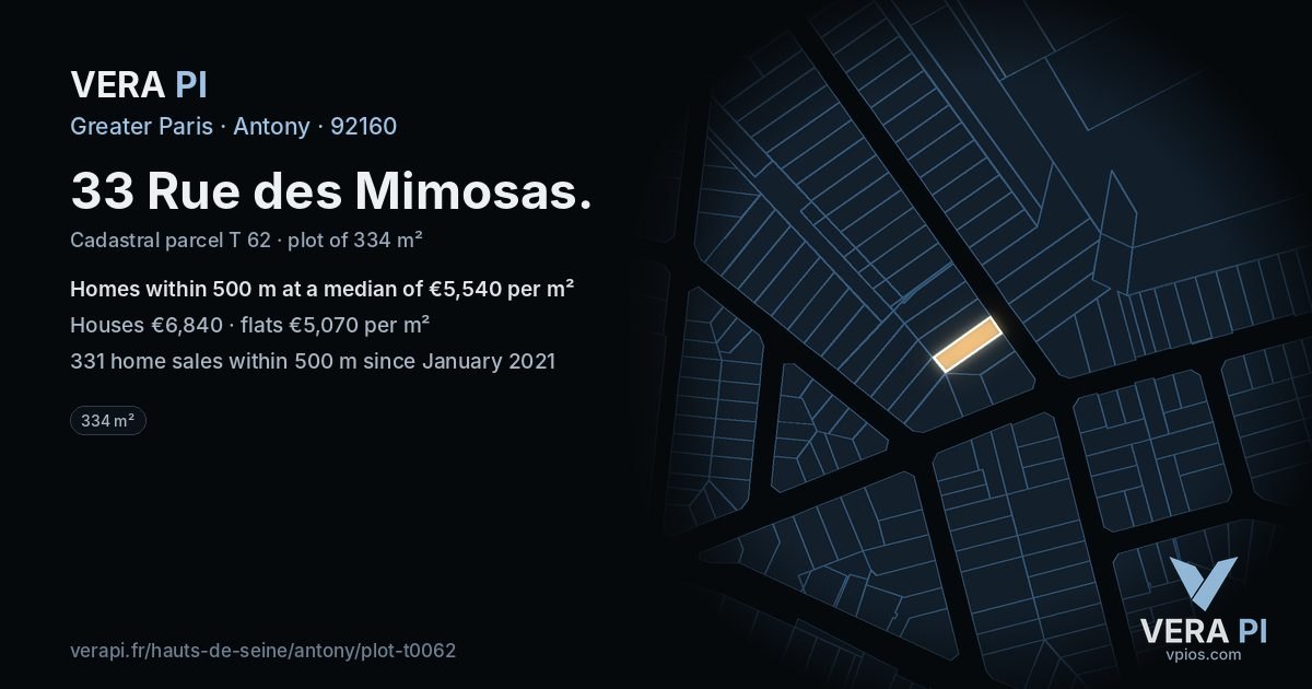 33 Rue des Mimosas, Antony at night – the plot lit, the parcels around coloured by the prices near them