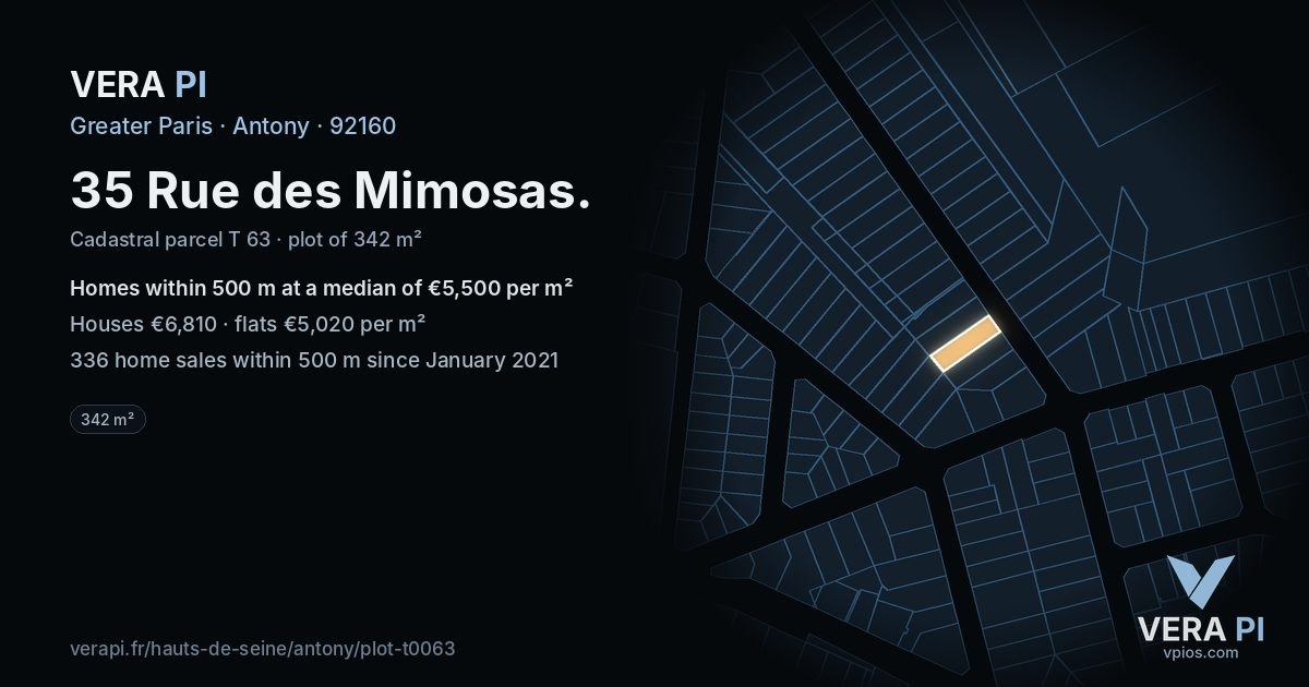 35 Rue des Mimosas, Antony at night – the plot lit, the parcels around coloured by the prices near them