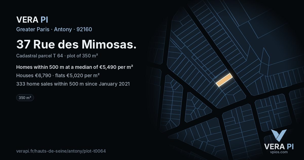37 Rue des Mimosas, Antony at night – the plot lit, the parcels around coloured by the prices near them