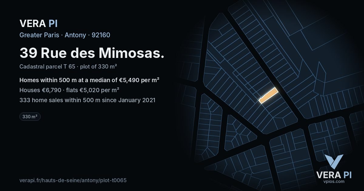 39 Rue des Mimosas, Antony at night – the plot lit, the parcels around coloured by the prices near them