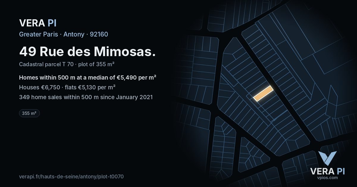 49 Rue des Mimosas, Antony at night – the plot lit, the parcels around coloured by the prices near them