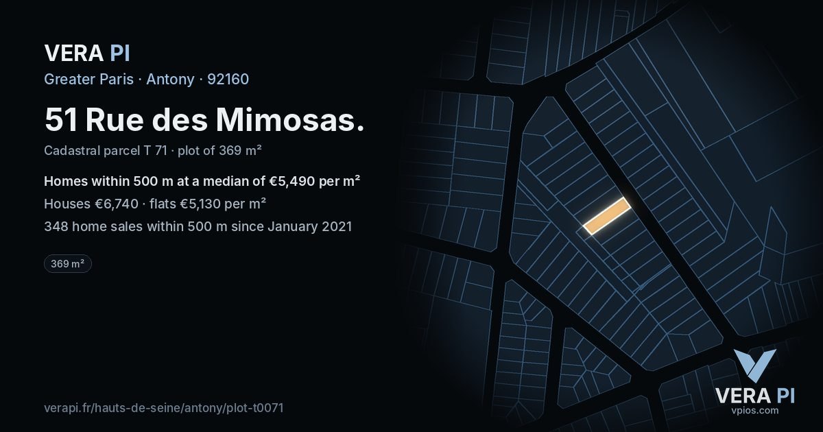 51 Rue des Mimosas, Antony at night – the plot lit, the parcels around coloured by the prices near them