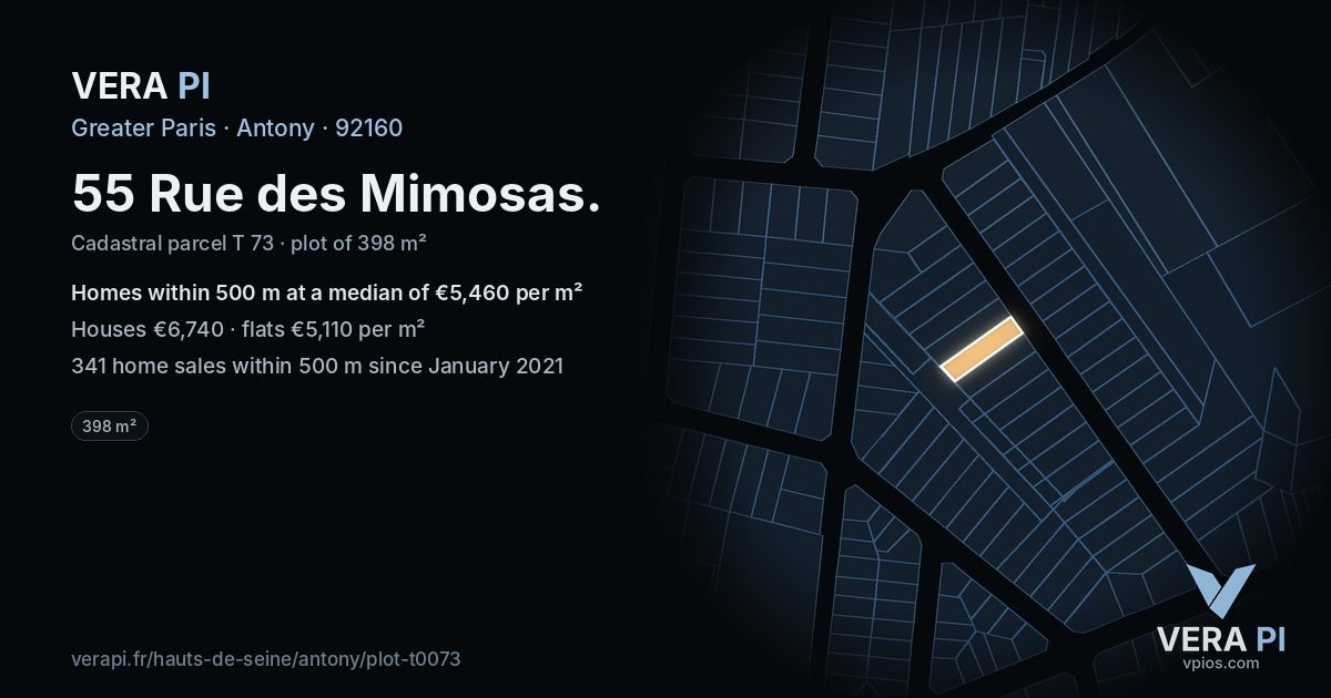 55 Rue des Mimosas, Antony at night – the plot lit, the parcels around coloured by the prices near them