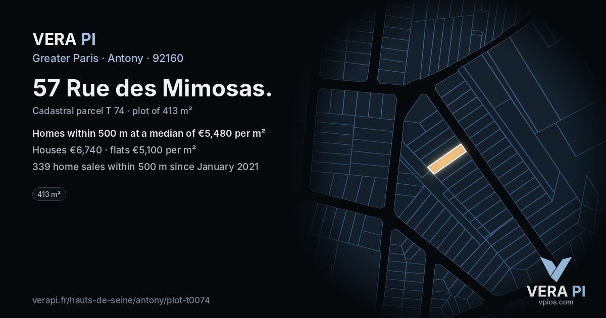 57 Rue des Mimosas, Antony at night – the plot lit, the parcels around coloured by the prices near them