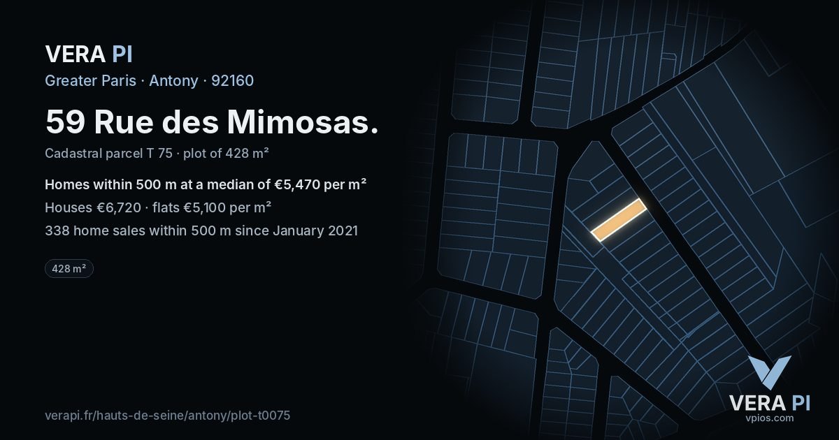 59 Rue des Mimosas, Antony at night – the plot lit, the parcels around coloured by the prices near them