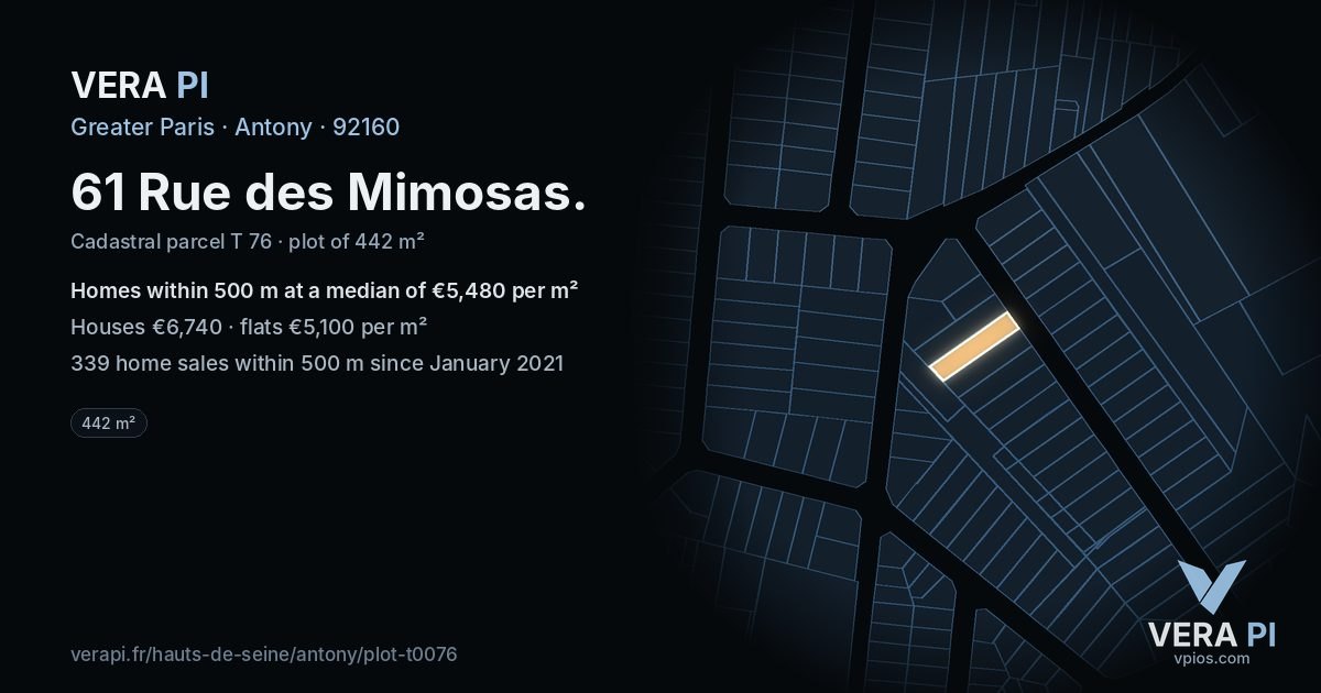 61 Rue des Mimosas, Antony at night – the plot lit, the parcels around coloured by the prices near them