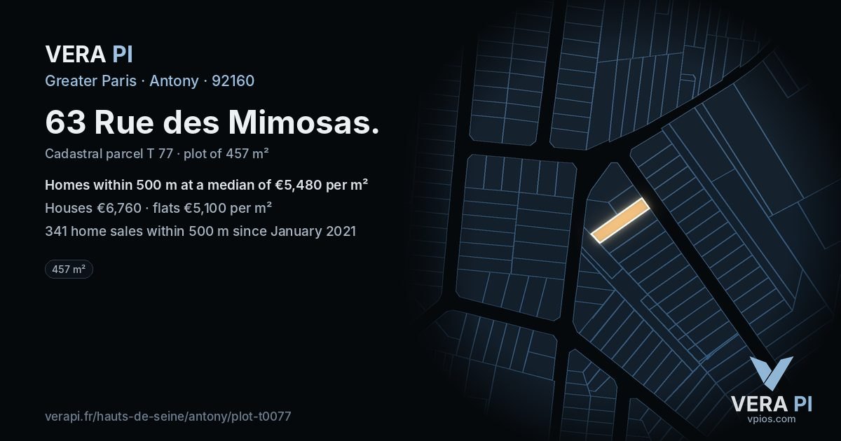 63 Rue des Mimosas, Antony at night – the plot lit, the parcels around coloured by the prices near them