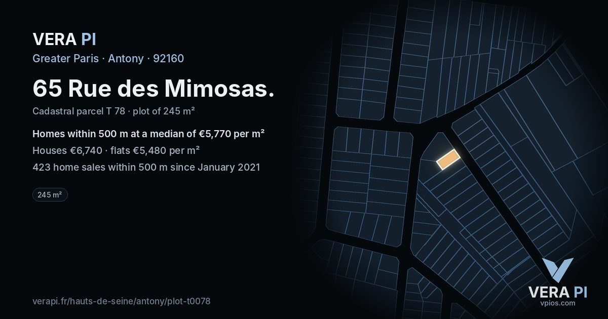 65 Rue des Mimosas, Antony at night – the plot lit, the parcels around coloured by the prices near them