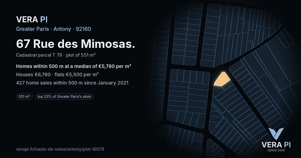 67 Rue des Mimosas, Antony at night – the plot lit, the parcels around coloured by the prices near them
